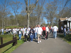 a group of people walking on a path